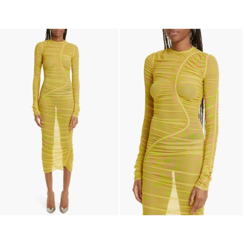 MUGLER Neon Yellow Swirling Star Print Mesh Sexy Illusion Sheer Dress 38 = 6US S
